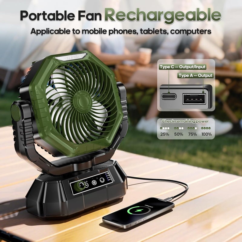 AJVV Camping Fan Rechargeable, Battery Powered Fan With Remote Controller, LED Light, Dual Motors, Stepless Speed, 90°/270° Swing,Timer, Portable fan For Travel Tent Bedroom Beach Fishing, Green - Image 3
